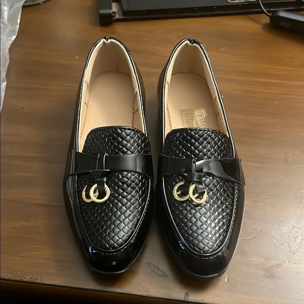 Black Quilted Loafers with Gold Accents